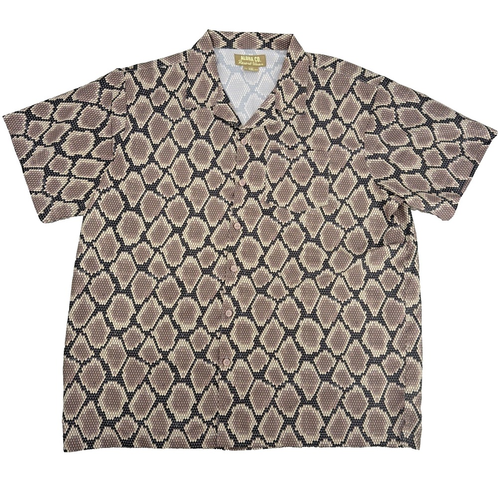 Aloha Co Resort Wear Mens XXL Button Up Shirt Python Snakeskin Print Gray Brown